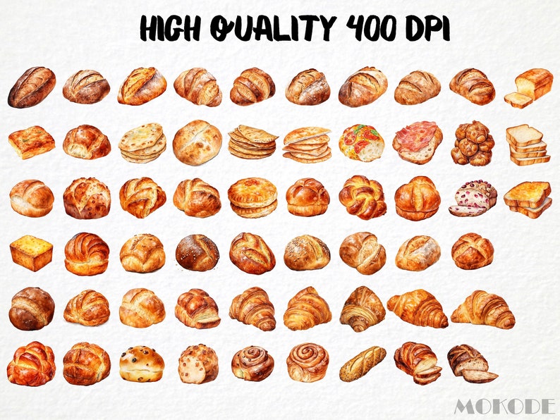 May include: A collection of watercolor illustrations of various types of bread, including loaves, rolls, croissants, and pastries. The illustrations are in a realistic style and feature a variety of colors and textures.