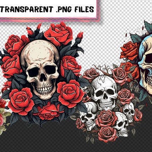 Explore a captivating clipart set featuring skulls and roses in diverse designs. Perfect for Gothic, tattoo, and edgy-themed projects. Find skull and rose illustrations, vintage motifs, and more!" Halloween, Skulls, Skull Clipart, Halloween Art