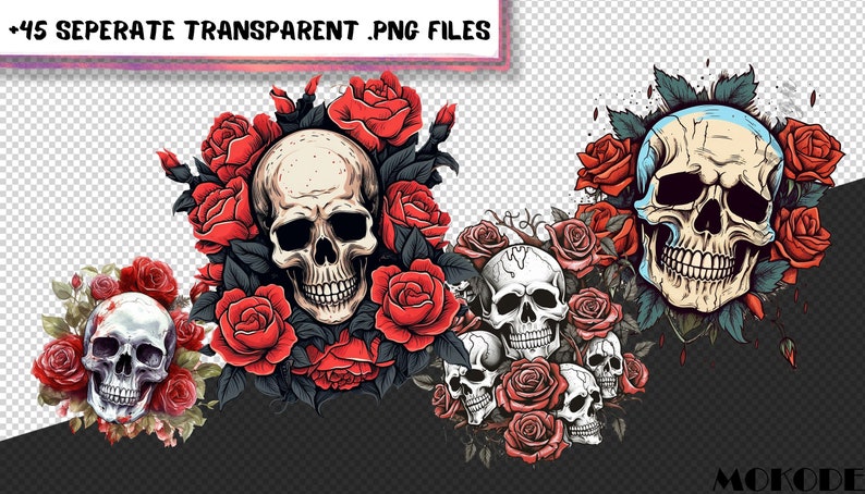 Explore a captivating clipart set featuring skulls and roses in diverse designs. Perfect for Gothic, tattoo, and edgy-themed projects. Find skull and rose illustrations, vintage motifs, and more!" Halloween, Skulls, Skull Clipart, Halloween Art