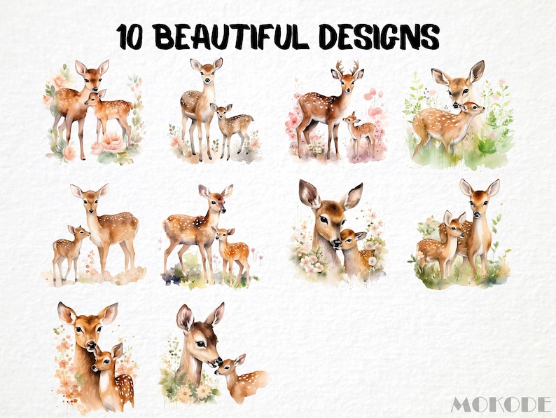 Mama & Baby Deer Clipart 10 Png, Fawn and Does Animal Nursery, Soft Pastel Woodland, Watercolor Graphics, Scrapbooking, Instant Download image 4