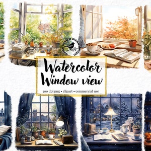 Aquarell Regnerischer Tag Gemütliches Fenster Clip Art Bündel Düsteres Wetter Gemütliche Ecke Lesefenster Ansicht Szene Schriftsteller Schreibtisch Basteln Material Digital
