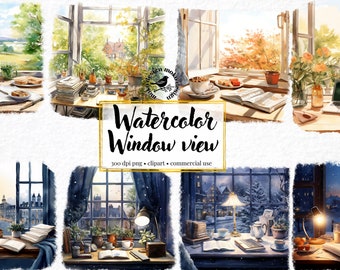 Watercolor Rainy Day Cozy Window Clip Art Bundle Gloomy Weather Cozy Corner Reading Window View Scene Writers Desk Crafting Material Digital
