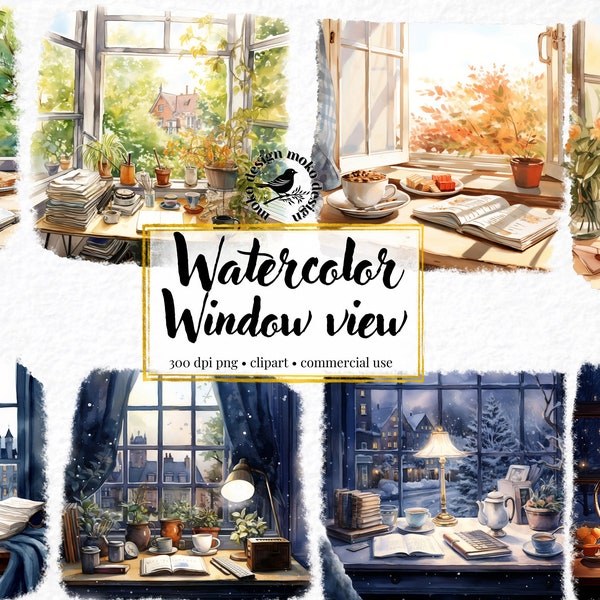 Watercolor Rainy Day Cozy Window Clip Art Bundle Gloomy Weather Cozy Corner Reading Window View Scene Writers Desk Crafting Material Digital