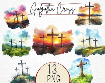 Watercolor Golgotha Cross Clipart, Christian Art (13 PNG)