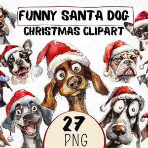 Funny Christmas Dog Portraits Clipart 27 Png, Festive Caricature Puppies, Quirky Dog Clipart, Santa Hat Animals, Digital Prints Scrapbooking