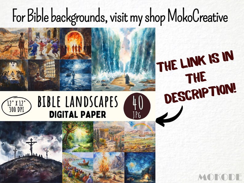 May include: A collage of 40 digital paper images depicting watercolor paintings of scenes from the Bible. The images are 12 inches by 12 inches and 300 DPI. The text "BIBLE LANDSCAPES DIGITAL PAPER" is in the center of the collage. The text "THE LINK IS IN THE DESCRIPTION!" is in the upper right corner of the collage.