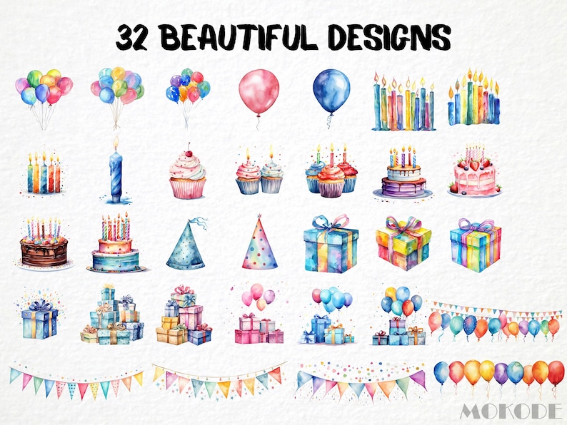 Watercolor Birthday Party Clipart 31 Png Happy Birthday Cake Invitation ...