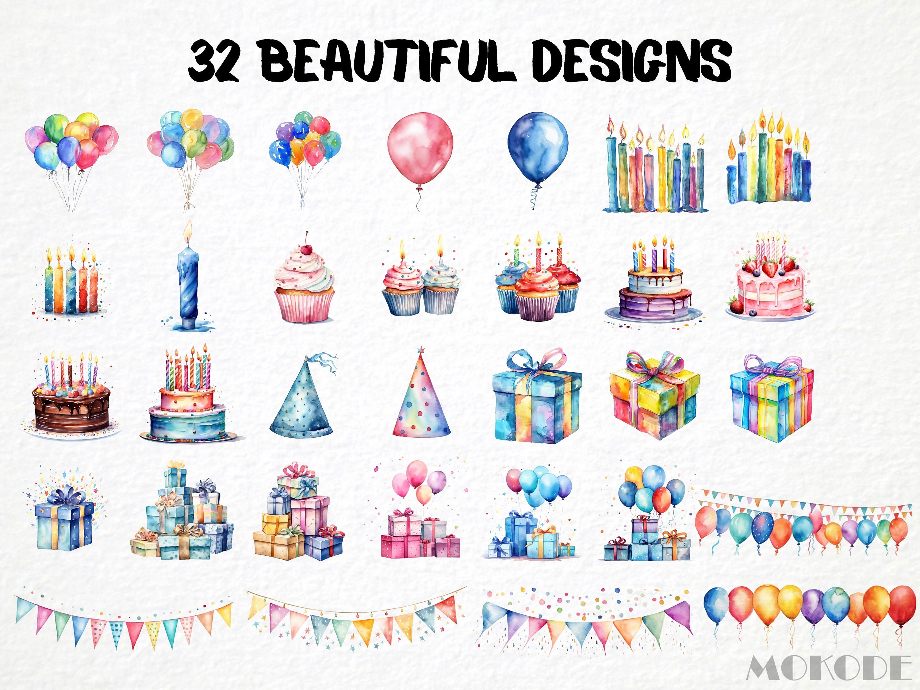 Watercolor Birthday Party Clipart 31 Png Happy Birthday Cake Invitation ...