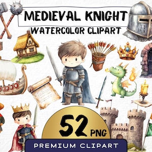 Clipart de caballero medieval de acuarela 52 PNG, clipart de castillo de la Edad Media, rey de fantasía, descarga instantánea de clipart de princesa linda, dragón de guardería