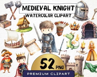 Puede incluir: Un conjunto de 52 imágenes de clipart de acuarela que representan caballeros medievales, dragones, castillos y otros elementos de fantasía. Las imágenes son perfectas para crear invitaciones, tarjetas y otras manualidades.