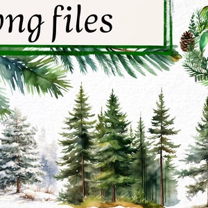 May include: Watercolor illustrations of pine trees, pine cones, and a wreath. The pine trees are green and some have snow on them. The pine cones are brown and the wreath is green with pine needles and pine cones.