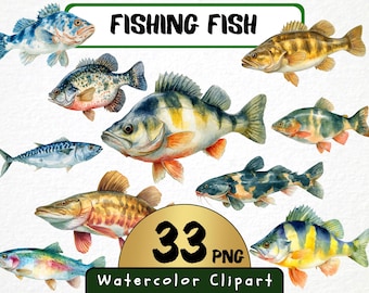 Watercolor Fishing Fish Clipart, 33 PNG Illustrations (Digital File)