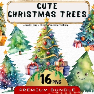 Clipart de árvore de Natal em aquarela, conjunto de 16, pacote de decorações festivas, pinheiro de inverno, lindo cartão de árvore de Natal, download