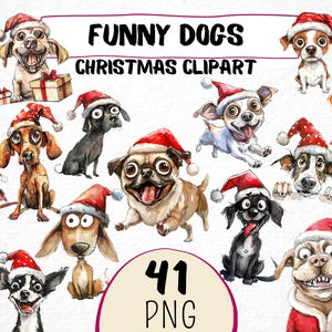 Perros divertidos de Navidad Clipart 41 Png, cachorros de caricatura festiva, clipart de perro peculiar, animales de mascota con gorro de Papá Noel, impresiones digitales para álbumes de recortes