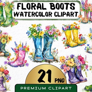 Floral Garden Boots Clipart 21 Png, Watercolor Spring Flower, Spring is Here, Gardening Clipart, Scrapbooking, Instant Download, Digital art