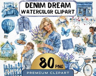 Denim Dream Clipart, Aquarell Blumengrafiken (80 PNG) (Digital Download)