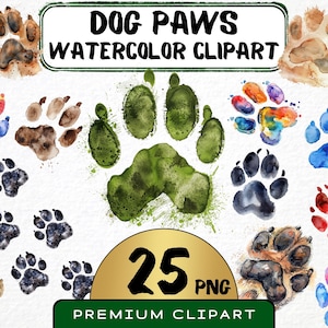 Ensemble de 25 cliparts aquarelle pattes de chien, illustration d'empreinte d'animal de compagnie, scrapbooking, fabrication de cartes, animal de compagnie Jorunal, art numérique, usage commercial