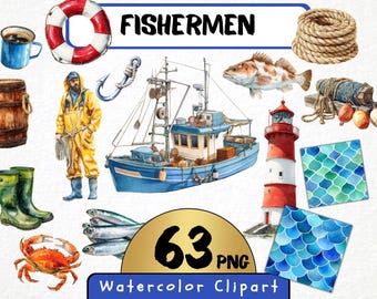 Clipart del pescatore 63 PNG, illustrazione di barca da pesca ad acquerello e vita marina, arte marina nautica