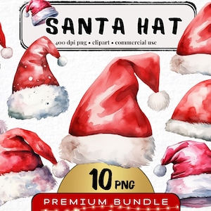 Aquarel kerstmuts clipartbundel, set van 10, aquarel kerst decor clipart, kerstmuts png, kerstman, kerst png, digitale kunst