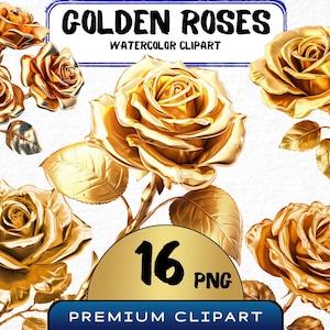 Goldene Rose Clipart, 16 metallische Blumengrafiken, Goldblume Png, Blumenüberlagerungen, Bastelmaterial, Scrapbooking-Kunst, Hochzeitseinladungen