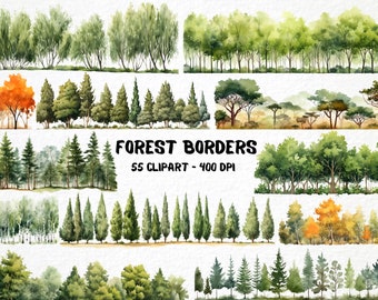 May include: A set of 55 watercolor clipart images of forest borders. The images feature various types of trees, including pine, cypress, and deciduous trees. The images are perfect for adding a touch of nature to your designs.