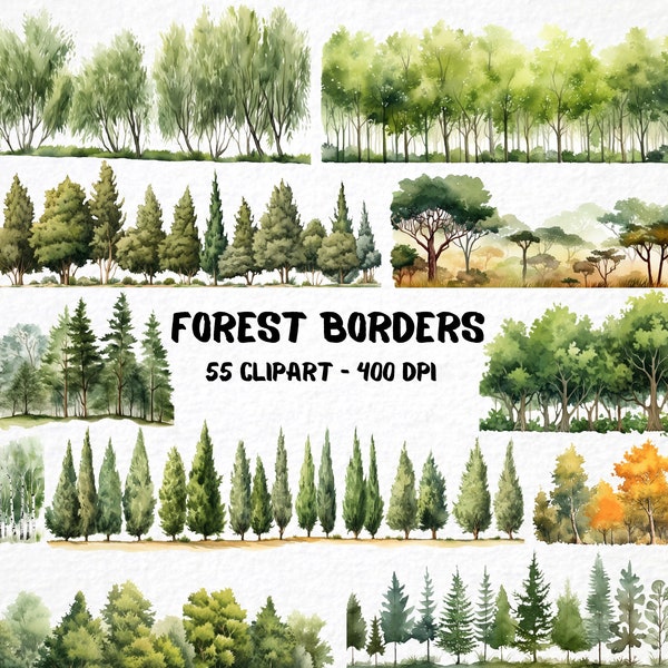 Bordi della foresta dell'acquerello - Pacchetto di 55 clipart, grafica naturale fai da te, elementi di scrapbooking, bordi di cancelleria per la creazione di carte, uso commerciale