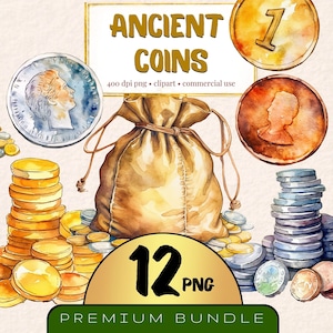 Clipart oro Clipart digitale oro, set di 12, lingotti d'oro, monete d'argento, monete di bronzo, denaro antico, clipart dollari, immagini grafiche da scaricare