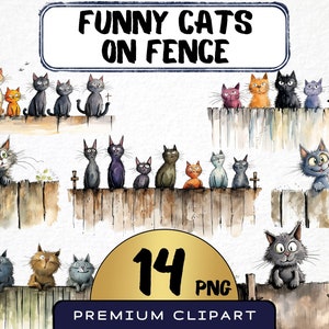 Gatos divertidos en una valla (14 imágenes PNG), adorables gatitos en una valla de la calle, acuarela, animales de dibujos animados, impresiones digitales, pegatinas para scrapbooking