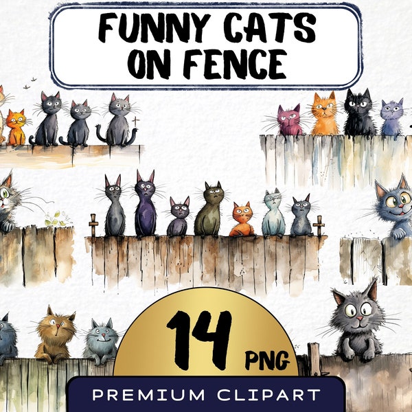 Funny Cats on Fence Clipart 14 Png, Cute Quirky Kittens on Street Fence, Watercolor, Cartoon Animals, Digital Prints, Sticker Scrapbooking