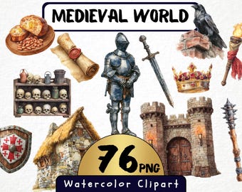 Watercolor Medieval Clipart, Knight, Castle, Crown (76 PNG) (Digital Download)
