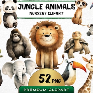 Nursery Jungle Animals Clipart 52 Png, Cute Elephant Graphics, Watercolor Happy Safari Illustrations, Digital Prints, Commercial Use Art