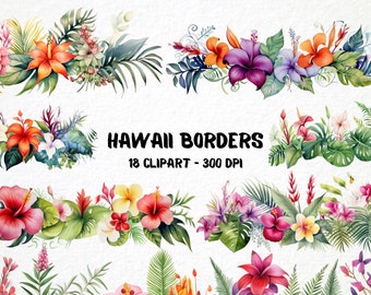 Watercolor Hawaii Borders 18 Png Clipart Bundle, grafica esotica fai da te, scrapbooking tropicale, creazione di biglietti, bordo per cancelleria, uso commerciale