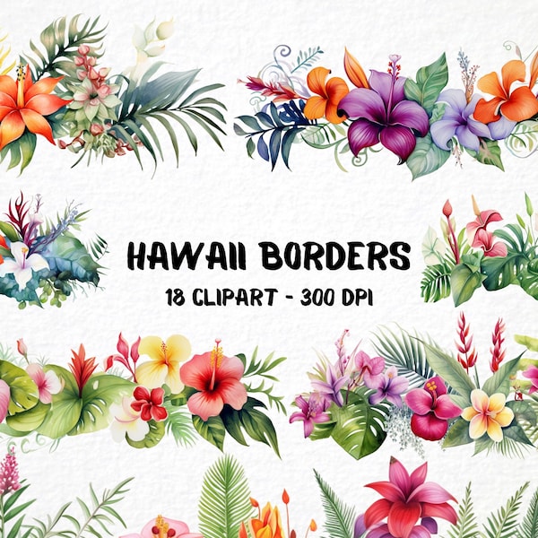 Watercolor Hawaii Borders  18 Png Clipart Bundle, DIY Exotic Graphic, Tropical Scrapbooking, Card Making Stationery Border, Commercial Use