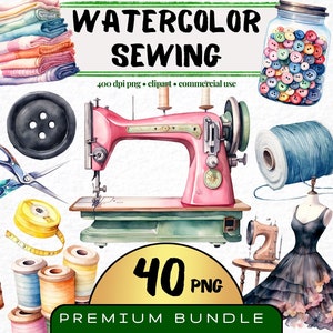 Ensemble de 40 cliparts aquarelle d'ustensiles de couture, objets d'artisanat pour la chambre Png, graphismes de machine à coudre, couture et travaux manuels vintage, fabrication de cartes