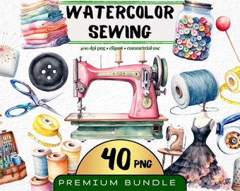 Watercolor Sewing Utensils Clipart, Set of 40, Craft Room Essentials Png, Sewing Machine Graphics, Vintage Sewing and Crafting, Card Making