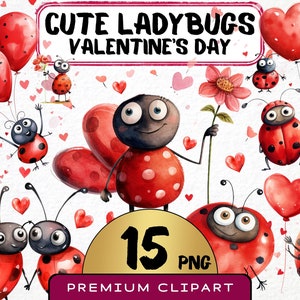 Pacchetto di clipart di coccinelle carine per San Valentino, 15 PNG, clipart di San Valentino, grafica PNG di coccinelle dell'amore, sublimazione di coccinelle, uso commerciale gratuito