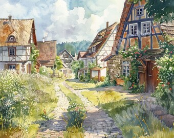 水彩画の夏の村のクリップアート、ヨーロッパの田舎のイラスト