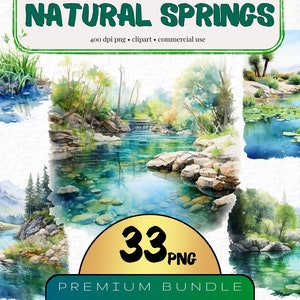 Aquarelle source naturelle des cliparts, lot de 33, graphiques de sources d'eau douce, rivière des cliparts, clipart lac, illustration de la nature, fabrication de cartes Png