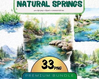 Watercolor Natural Spring Clipart, Set of 33, Freshwater Springs Graphics, River Clipart, Lake Clipart, Nature Illustration, Card Making Png