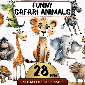 Imágenes prediseñadas de animales de safari (28 PNG), caricaturas de animales africanos, acuarela de un elefante peculiar, impresión digital de león de dibujos animados para scrapbooking