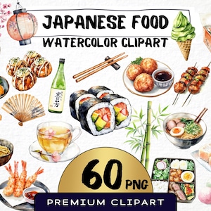Watercolor Japanese Food Clipart 60 Png, Asian Kitchen Graphics, Sushi Japanese Food Traditional and Trend. Digital Prints, Commercial Use