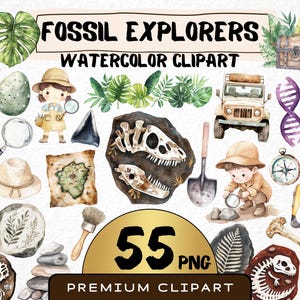 May include: A set of 55 watercolour clipart images featuring a variety of dinosaur fossils, including skeletons, teeth, and footprints. The clipart also includes tools for fossil hunting, such as a magnifying glass, shovel, and brush. The clipart is perfect for creating educational materials, crafts, or invitations.