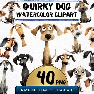 Quirky Dog Clipart 40 Png, Cute Caricature Pets, Silly Puppies Watercolor, Cartoon Animals, Digital Prints, Sticker Scrapbooking