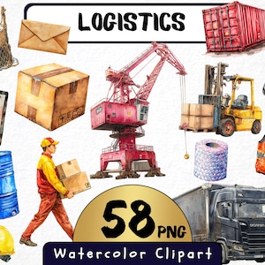 Puede incluir: Conjunto de imágenes prediseñadas de acuarela con elementos de logística. Incluye un contenedor de envío rojo, una grúa, una carretilla elevadora, un camión, un trabajador, cajas, una portapapeles, un barril, un casco y un chaleco de seguridad. El texto dice "LOGISTICS" y "58 PNG Watercolor Clipart".