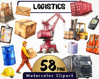 Logistics Watercolor Clipart 58 Png | Delivery Truck, Forklift, Warehouse & Worker Set