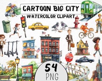 Watercolor Big City Clipart 54 Png, Cartoon New York Graphics, Building Illustration, Urban Digital Prints, Instant Download, Scrapbooking