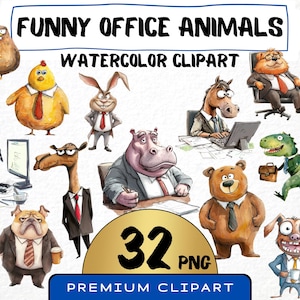 Funny Office Animals Clipart 32 Png, Cute Cartoon Business Animals, Silly Workplace Print, Office Dog Card Making, Digital Art, Scrapbooking