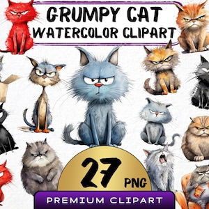 Clipart drôle de chat grincheux, 27 png, chat caricature mignon, aquarelle de chaton en colère, illustration d'animaux idiots, impressions numériques, journal indésirable pour animaux de compagnie