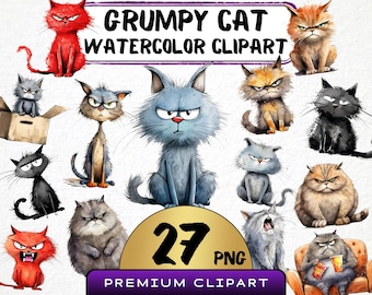 Clipart divertente di gatto scontroso 27 Png, caricatura di gatto carina, acquerello di gattino arrabbiato, illustrazione di animali sciocchi, stampe digitali, diario di animali domestici