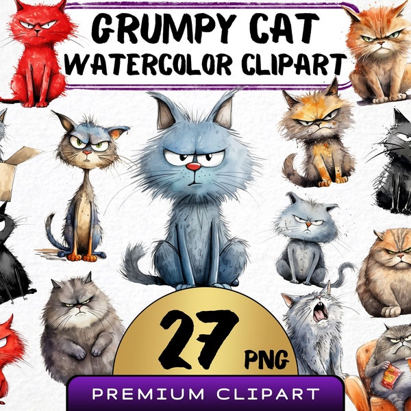 Funny Grumpy Cat Clipart 27 Png, Cute Caricature Cat, Angry Kitty Watercolor, Silly Animal Illustration, Digital Prints, Pet Junk Journal